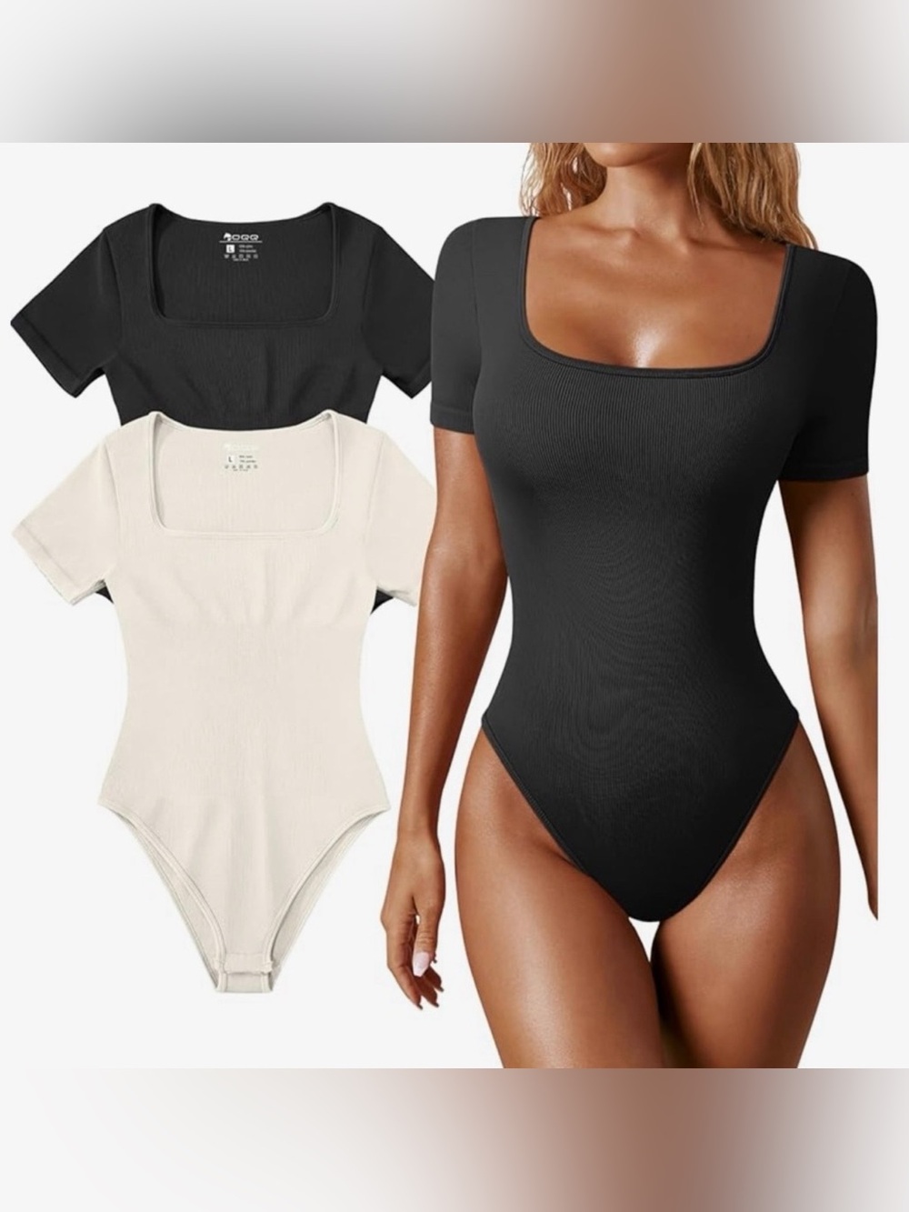 OQQ Black Short-Sleeve Ribbed One-Piece Bodysuit Smoothing